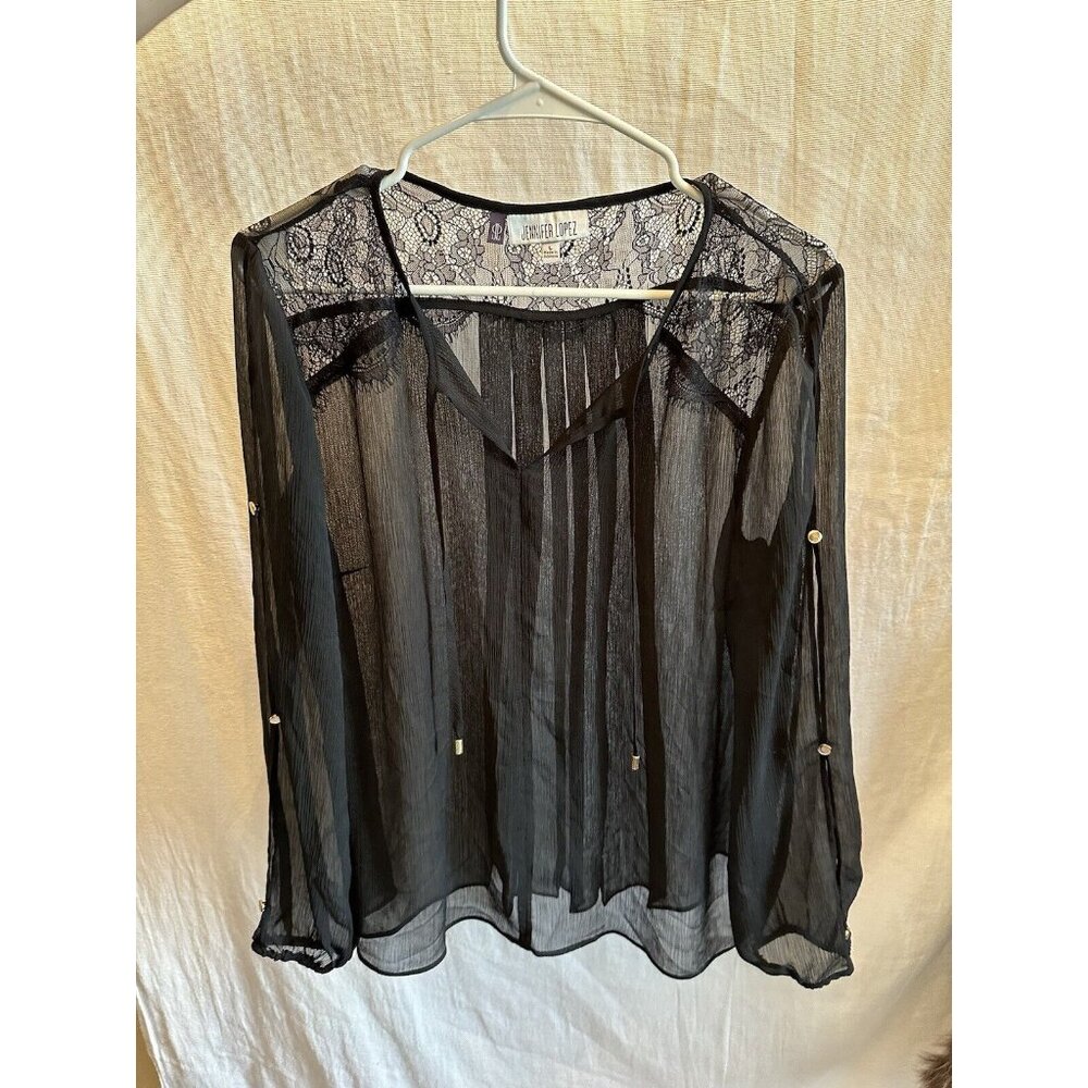 NEW Jennifer Lopez Shirt Women's Large Long Sleeve‎ Black Lace Blouse Sheer